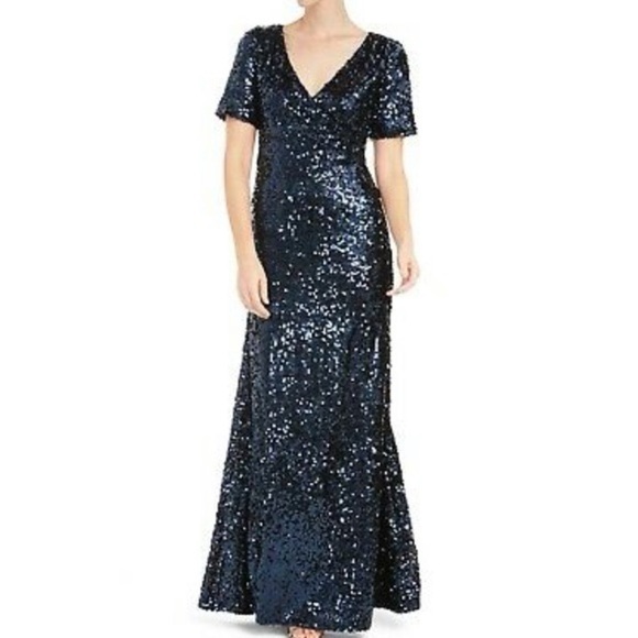 Calvin Klein Dresses & Skirts - Calvin Klein Women's Dress Blue Sequin Short Sleeve V-Neck Gown